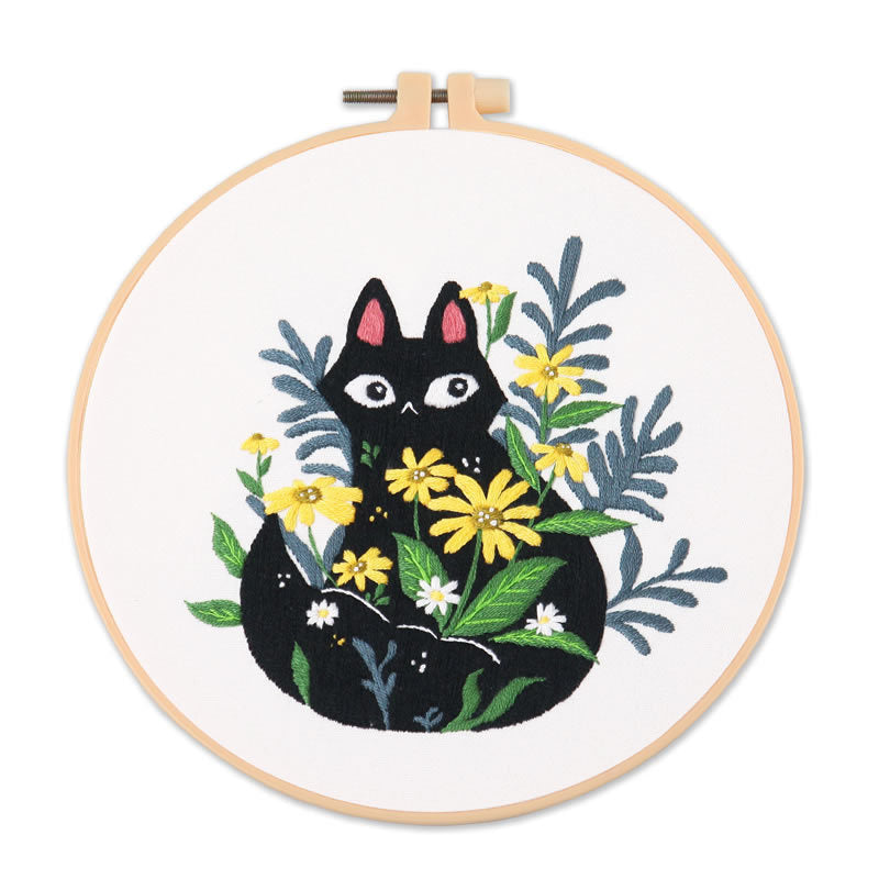Black Cat And Greenery Nook  - Themed DIY Embroidery Kits