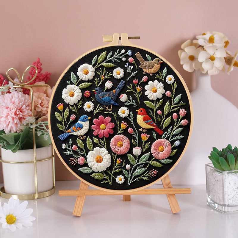 Birds And Blooms Dark Fabric  - Themed DIY Embroidery Kits