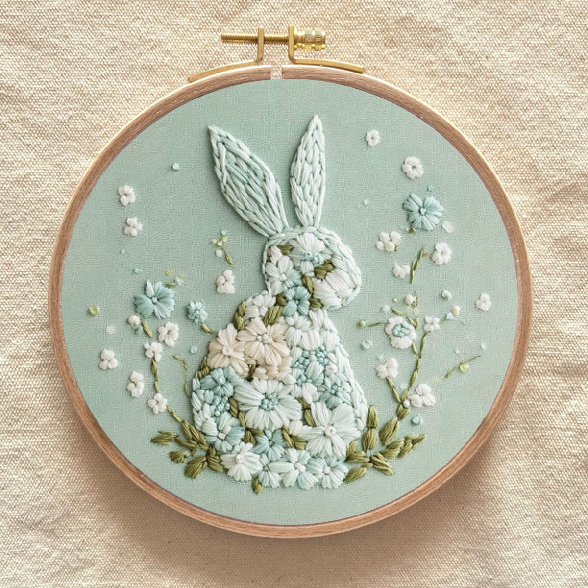 Rubbyoo Embroidery Kit - Bunny With Floral | Hand Stitch Gift