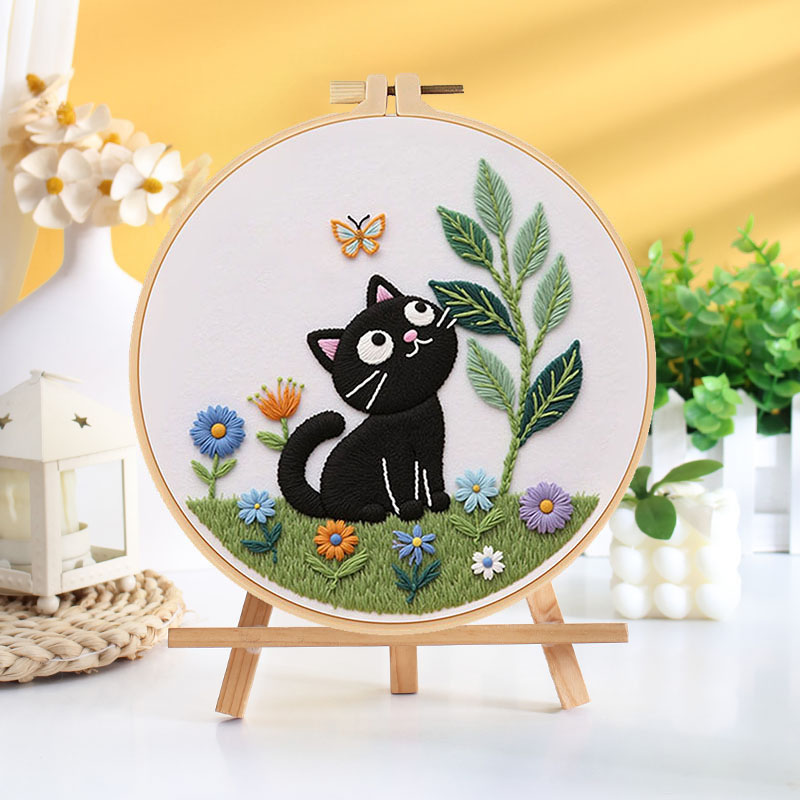 Playful Black Cat Embroidery Kit