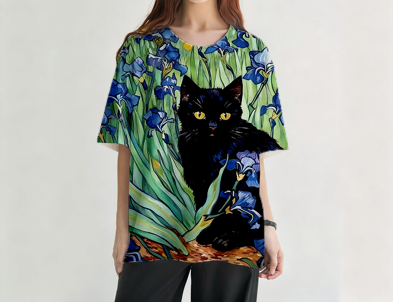 Irises Black Cat Graphic Print T-Shirt