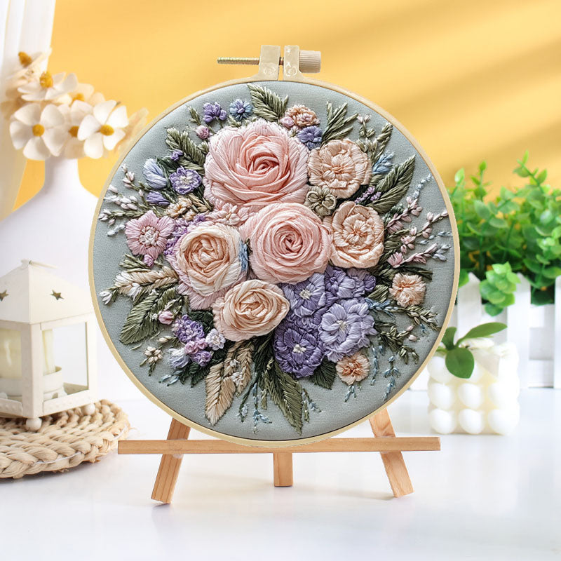 Pastel Rose Bouquet Embroidery Kit