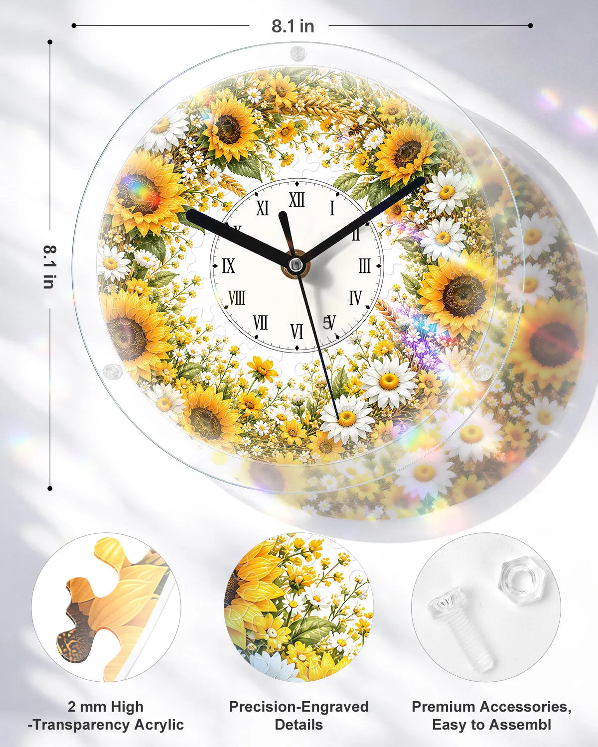 DIY Acrylic Puzzle Clock Kit - Golden Sunflower Field