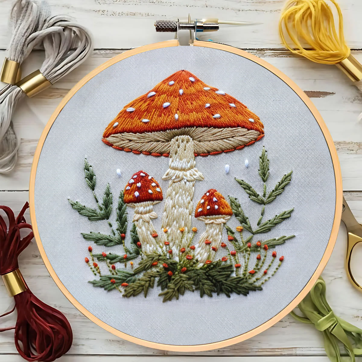 Rubbyoo Embroidery Kit- Mushrooms  Easy  Embroidery Kit For Beginners | Autumn Crafts