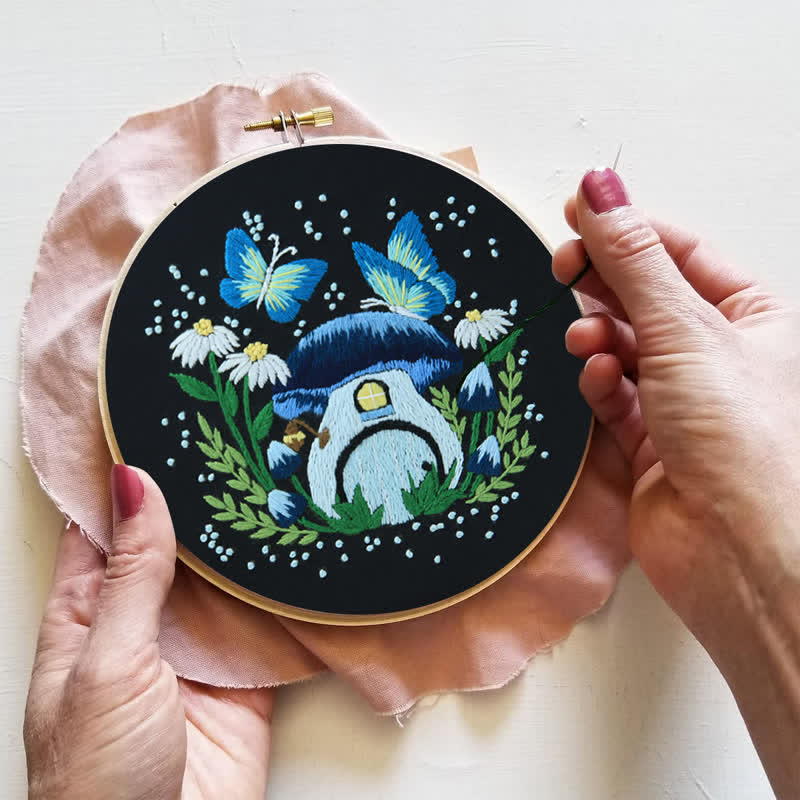 Rubbyoo Embroidery Kit - Blue Dreamy Glowing Mushroom House