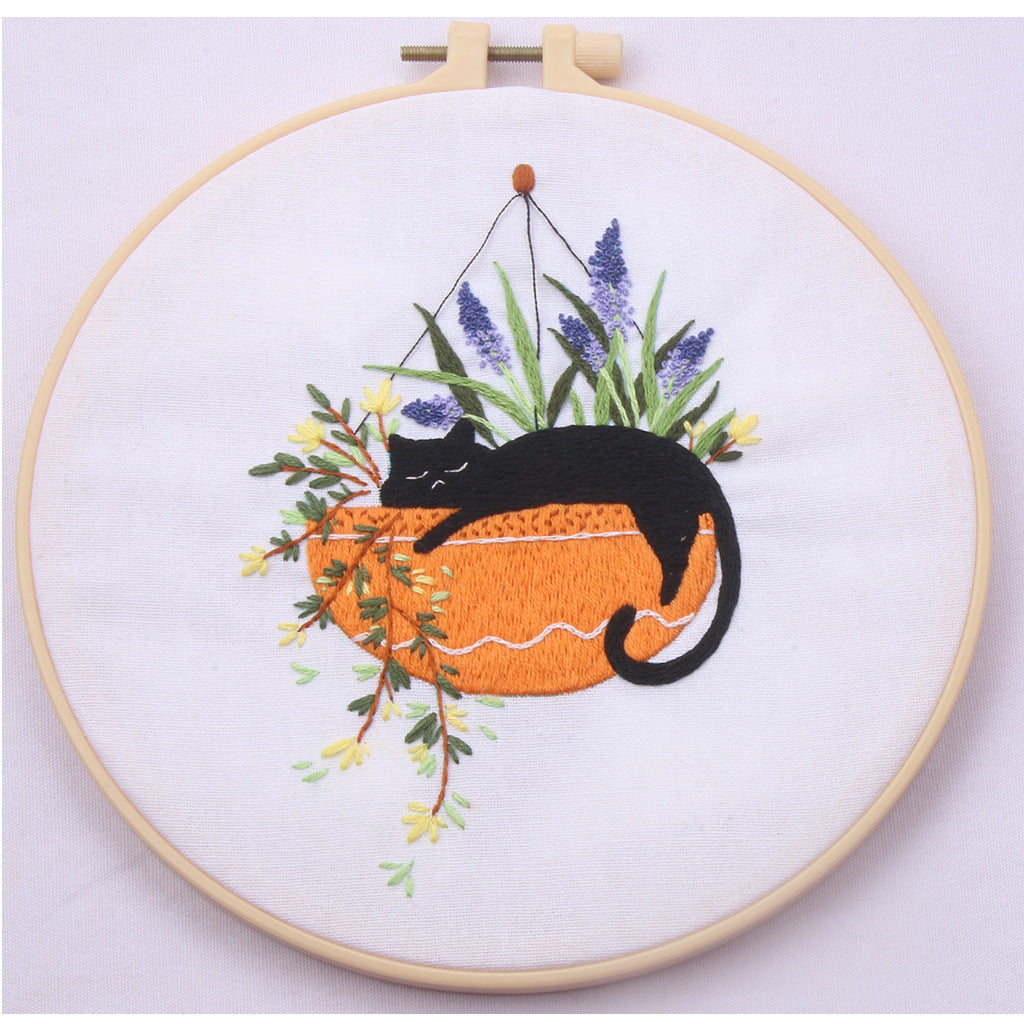 Cute Black Cat Collection with Floral   -Themed DIY Embroidery Kits