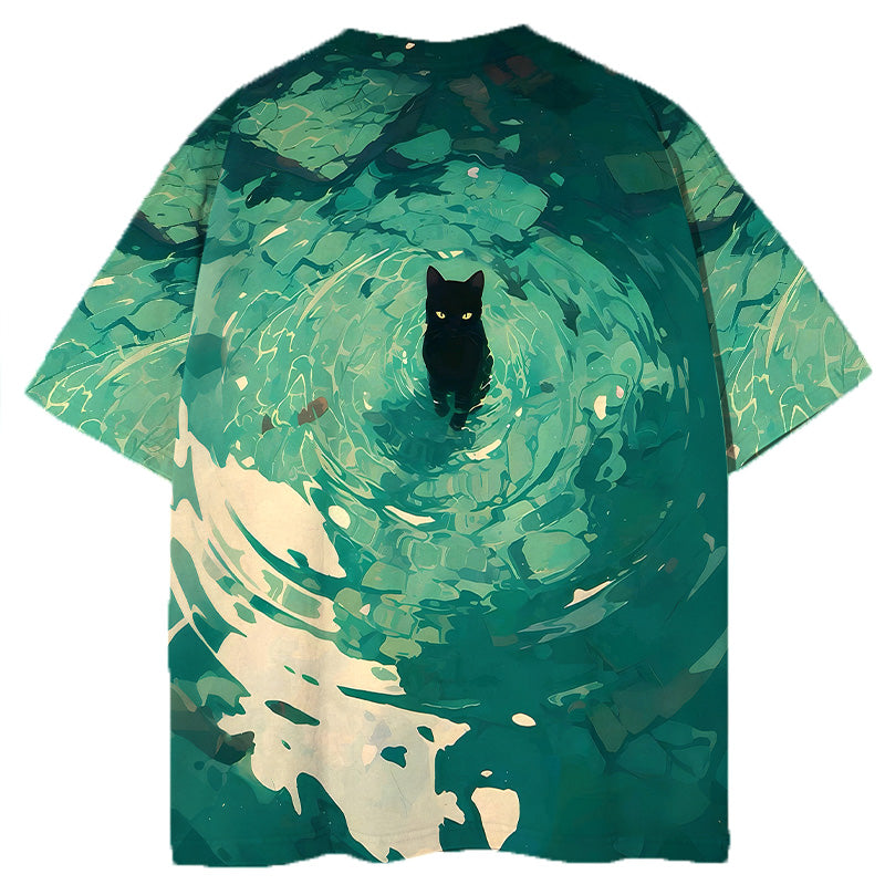 Emerald Green Black Cat Graphic Print T-shirt