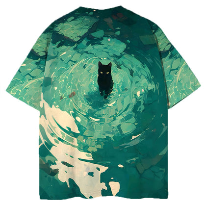 Emerald Green Black Cat Graphic Print T-shirt
