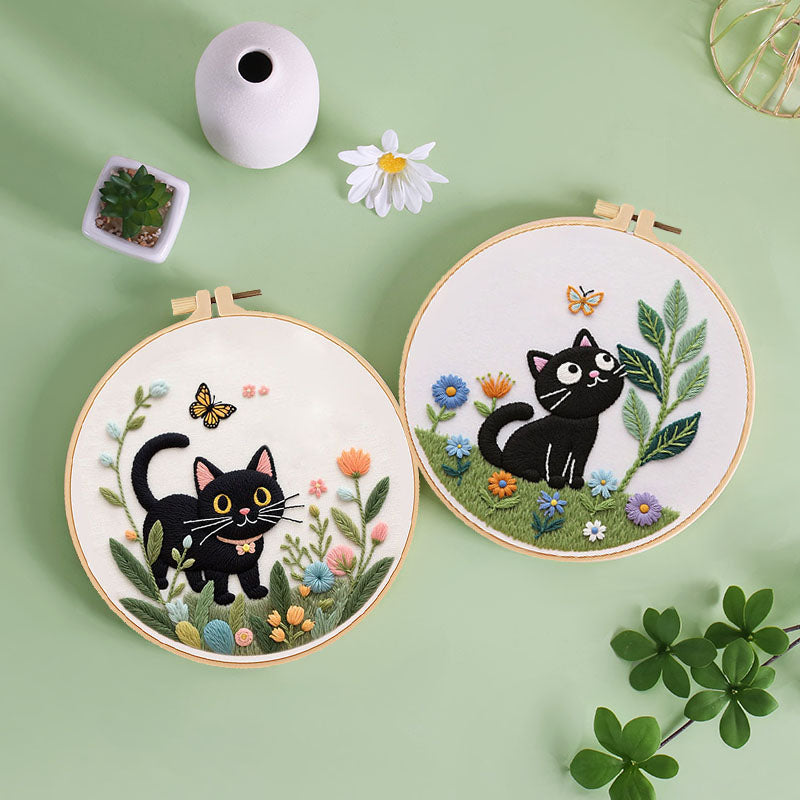 Playful Black Cat Embroidery Kit