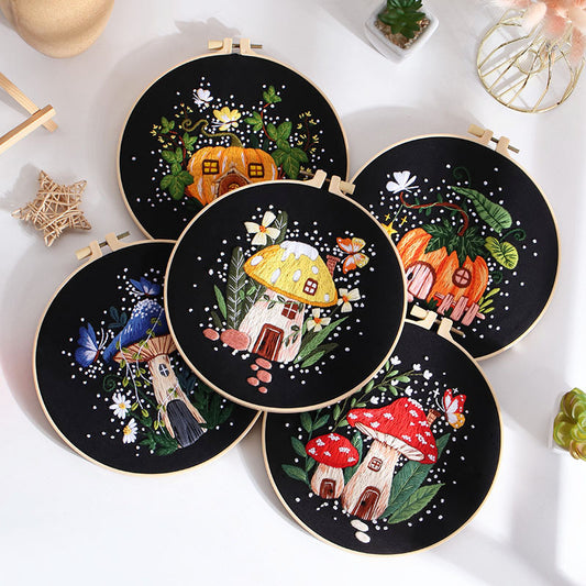 Enchanted Mushroom and Pumpkin House Embroidery Kit: Create Your Fairytale Haven