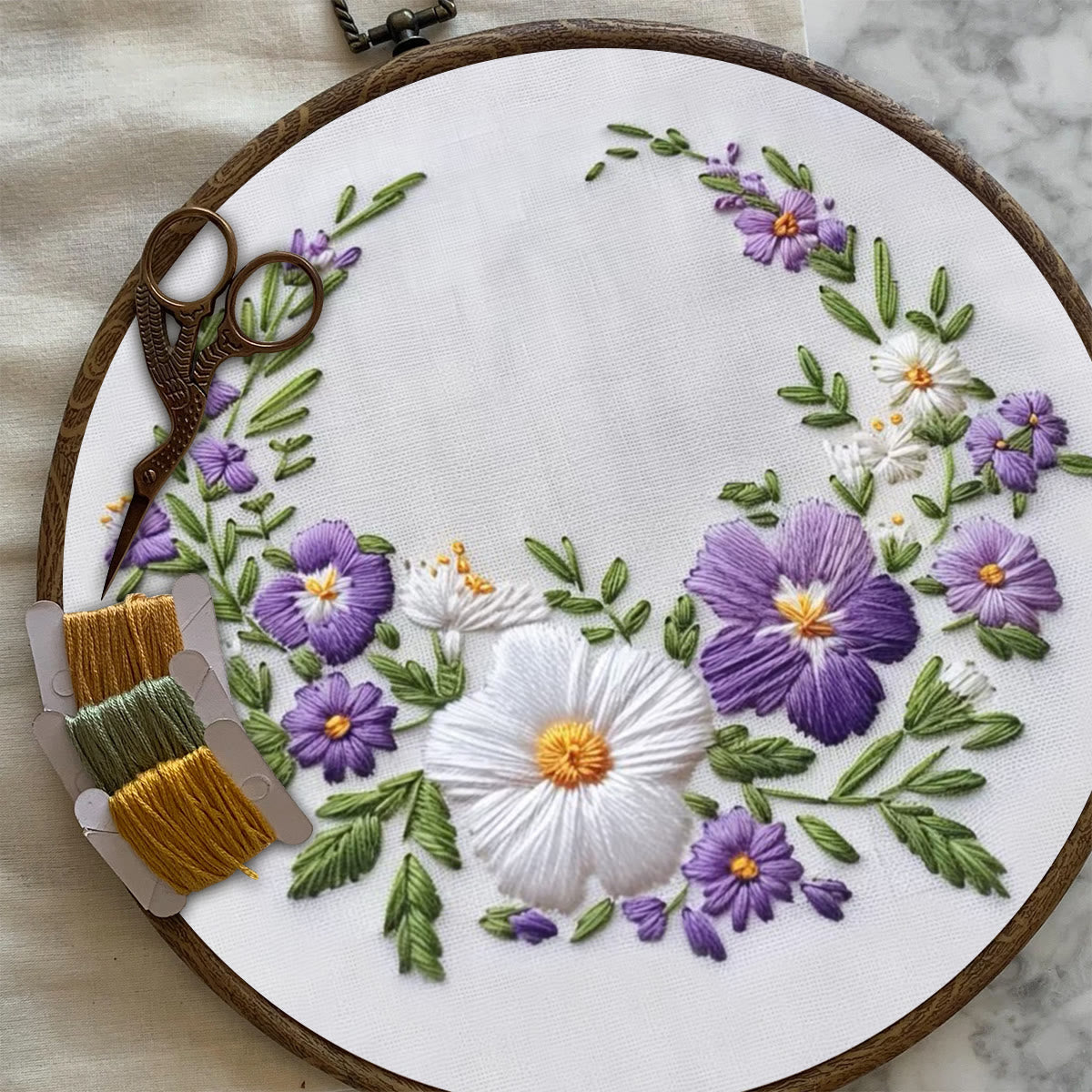 Rubbyoo Embroidery Kit- White And Purple Garland | For Craft Lover Hand Stitch