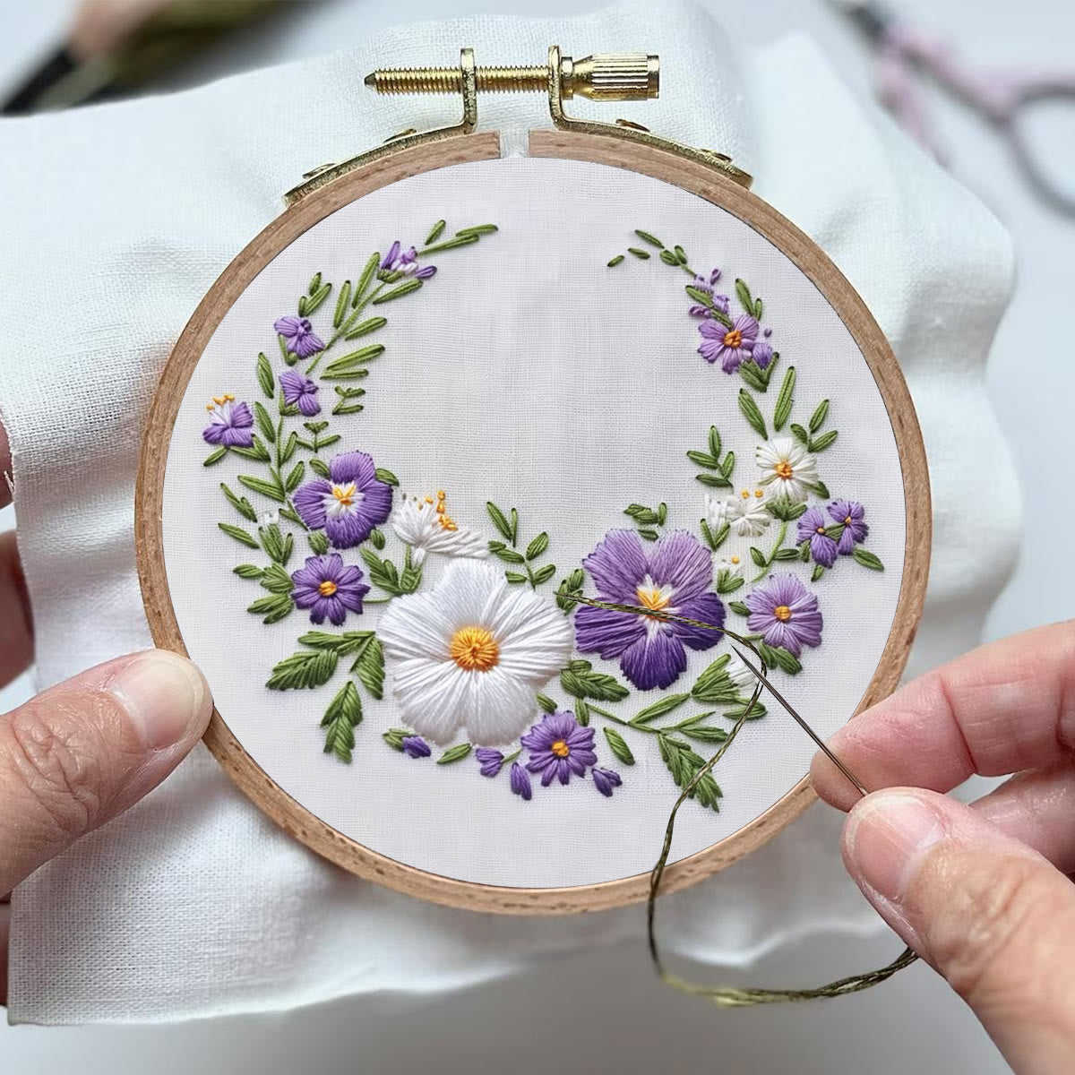 Rubbyoo Embroidery Kit- White And Purple Garland | For Craft Lover Hand Stitch