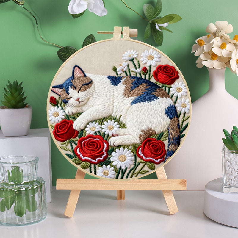 UrCustomHUB -Sleepy Cat And Floral - Themed DIY Embroidery Kits