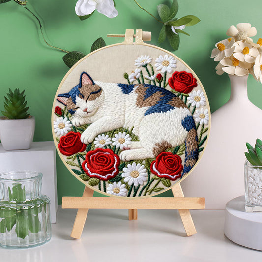 UrCustomHUB -Sleepy Cat And Floral - Themed DIY Embroidery Kits