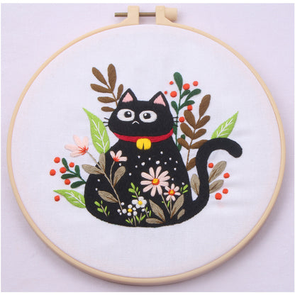 Cute Black Cat Collection with Floral   -Themed DIY Embroidery Kits