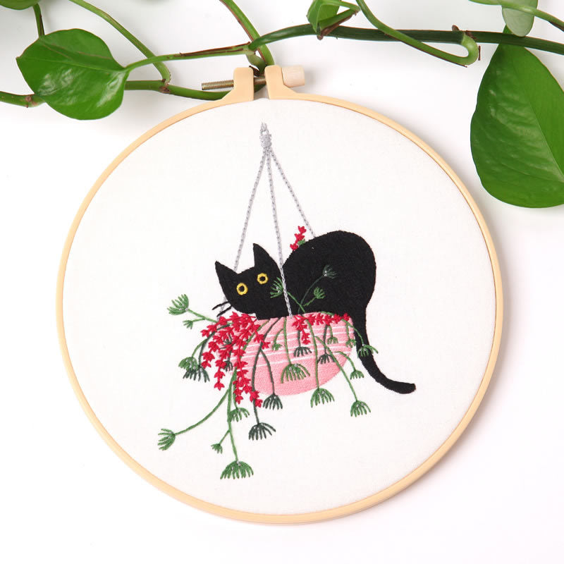Black Cat And Greenery Nook  - Themed DIY Embroidery Kits